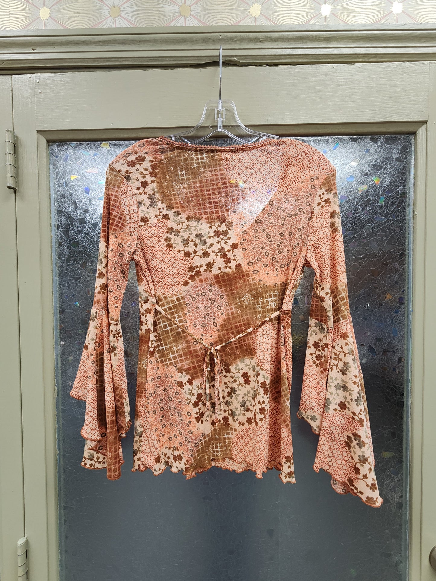 Floral Patchwork Lettuce Trim Long Layered Bell Sleeve Top