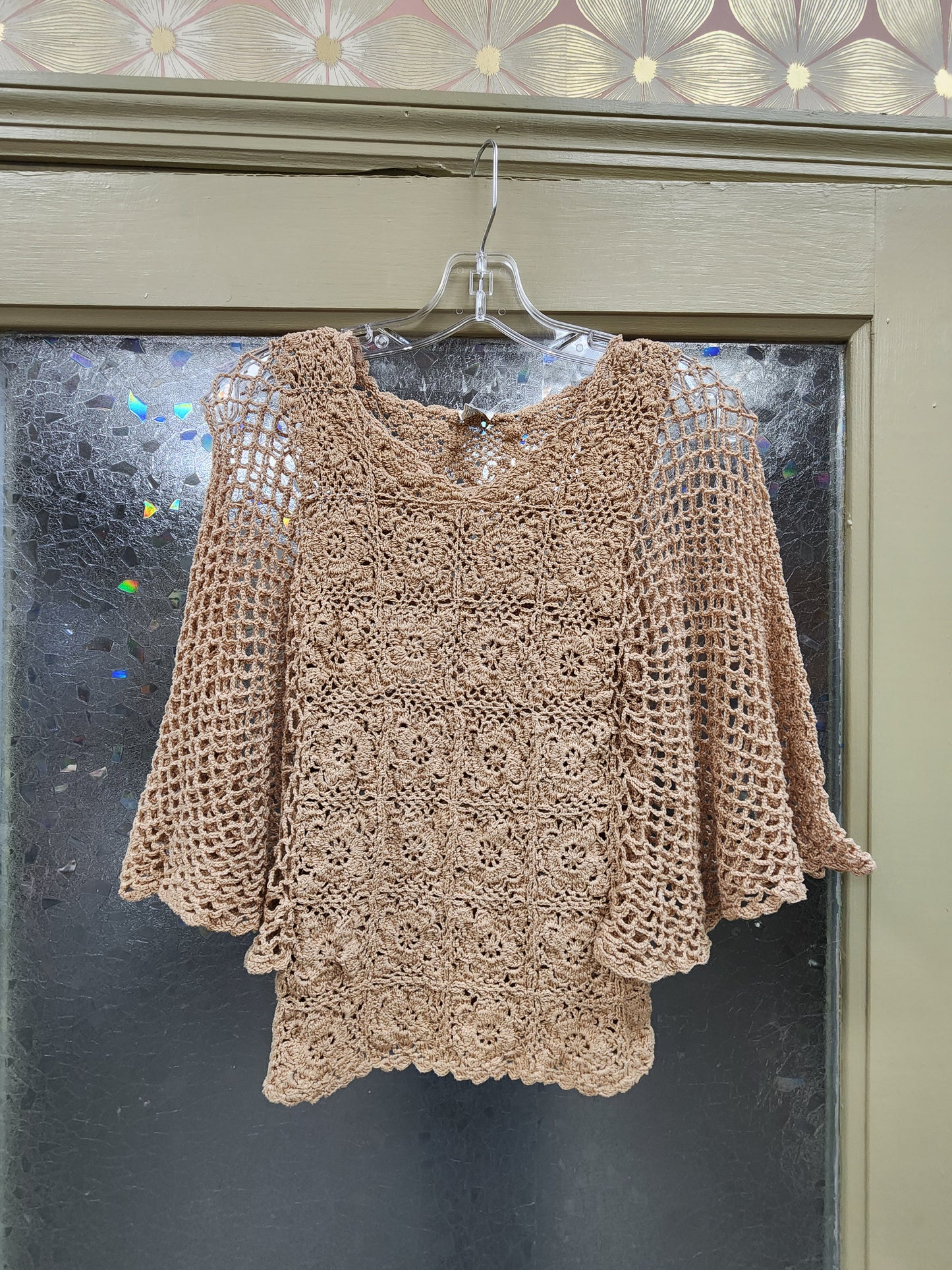 Made in San Fransico Tan Floral Crochet Bell Mid Length Sleeve Top