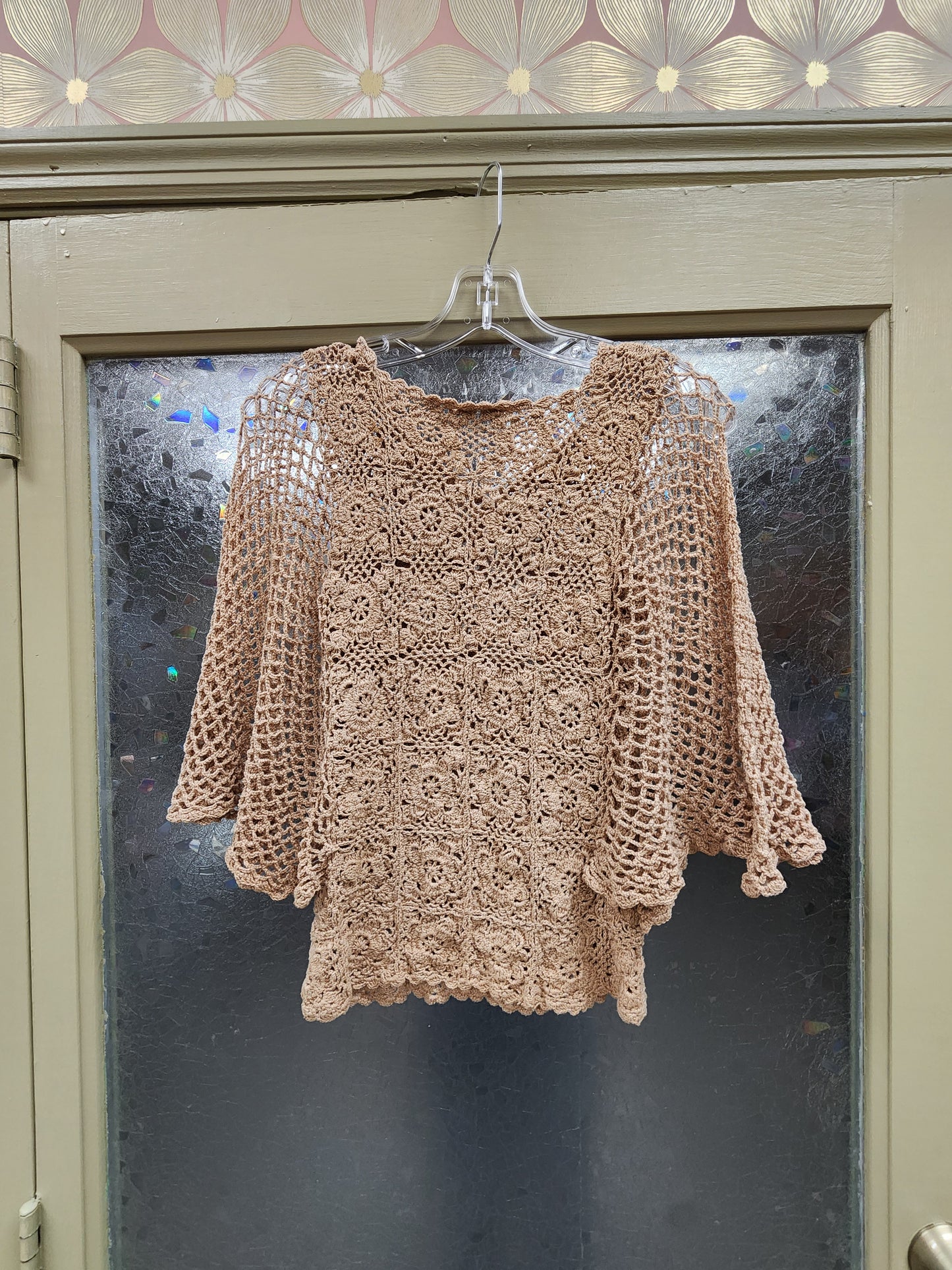 Made in San Fransico Tan Floral Crochet Bell Mid Length Sleeve Top