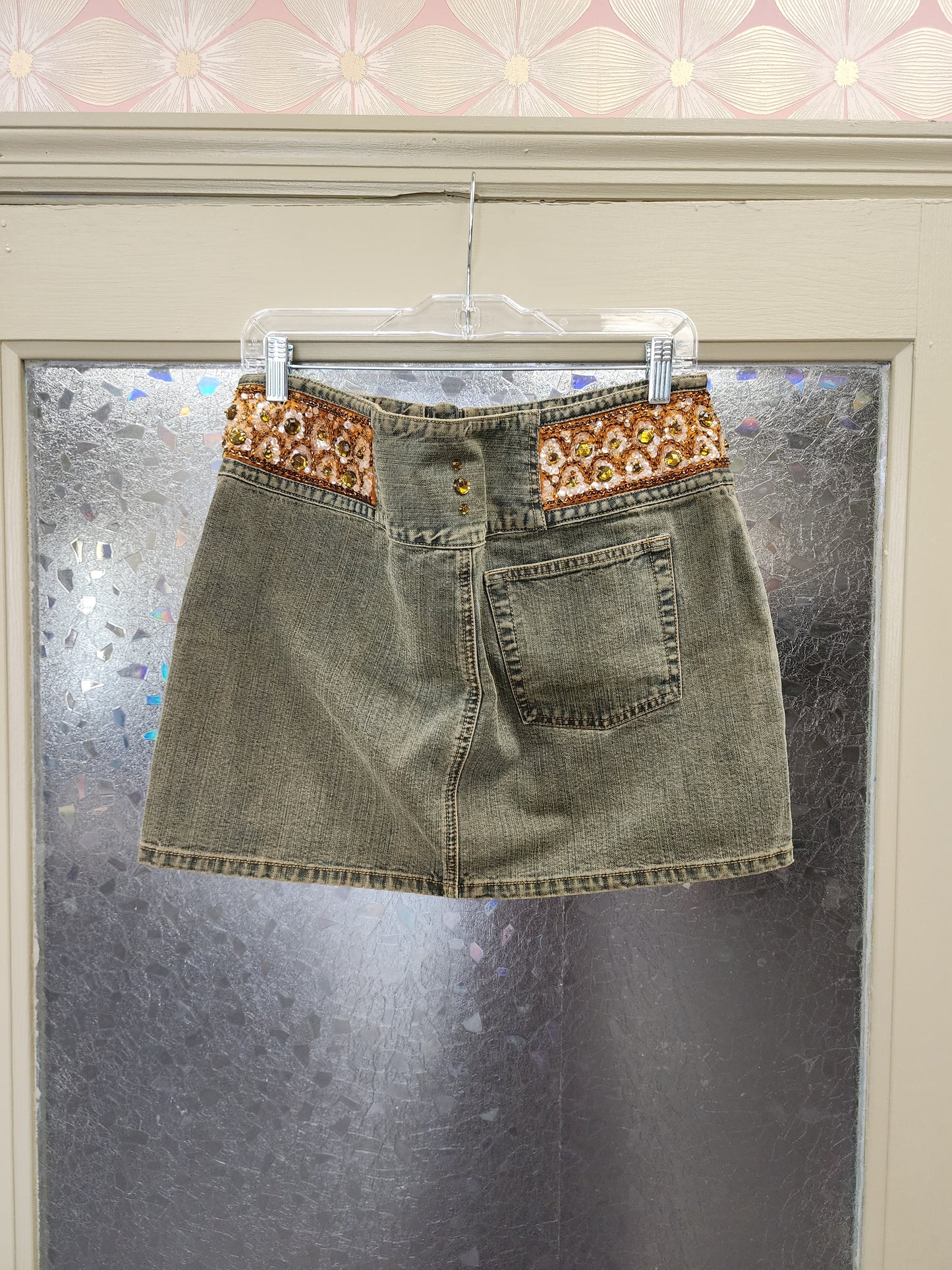 Orange velvet and sequin mini skirt