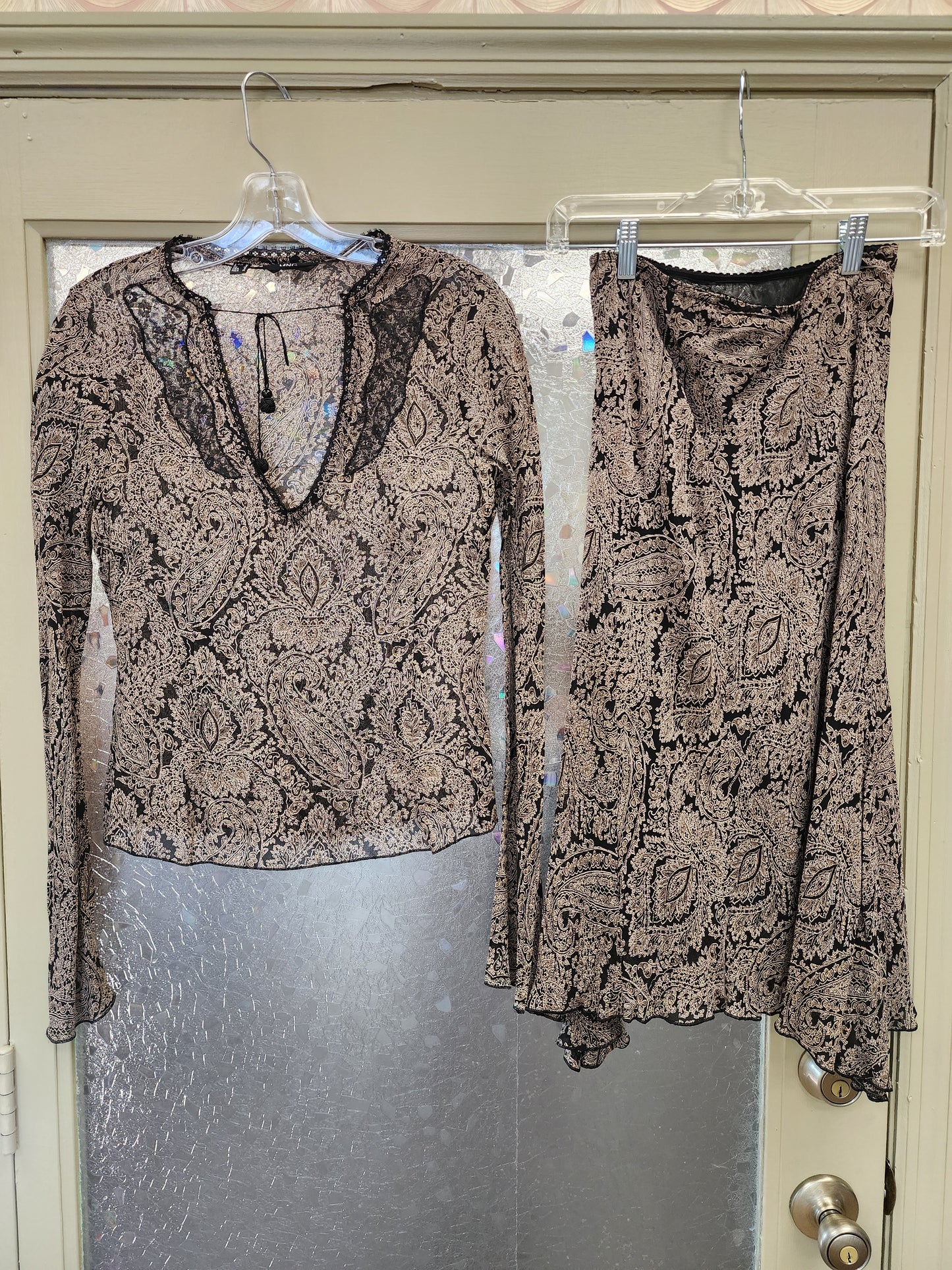 Brown and black paisley shirt and skirt set