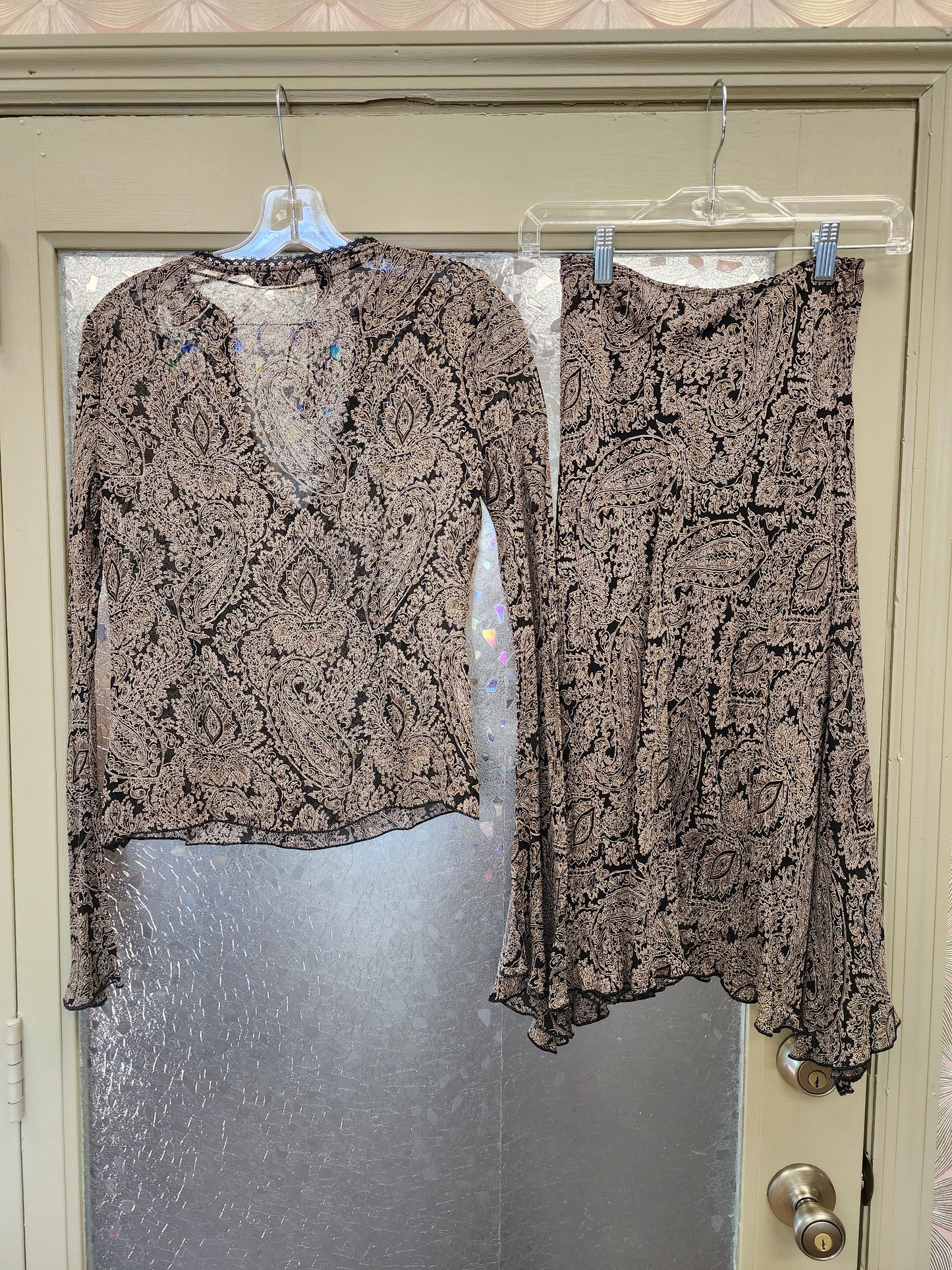 Brown and black paisley shirt and skirt set