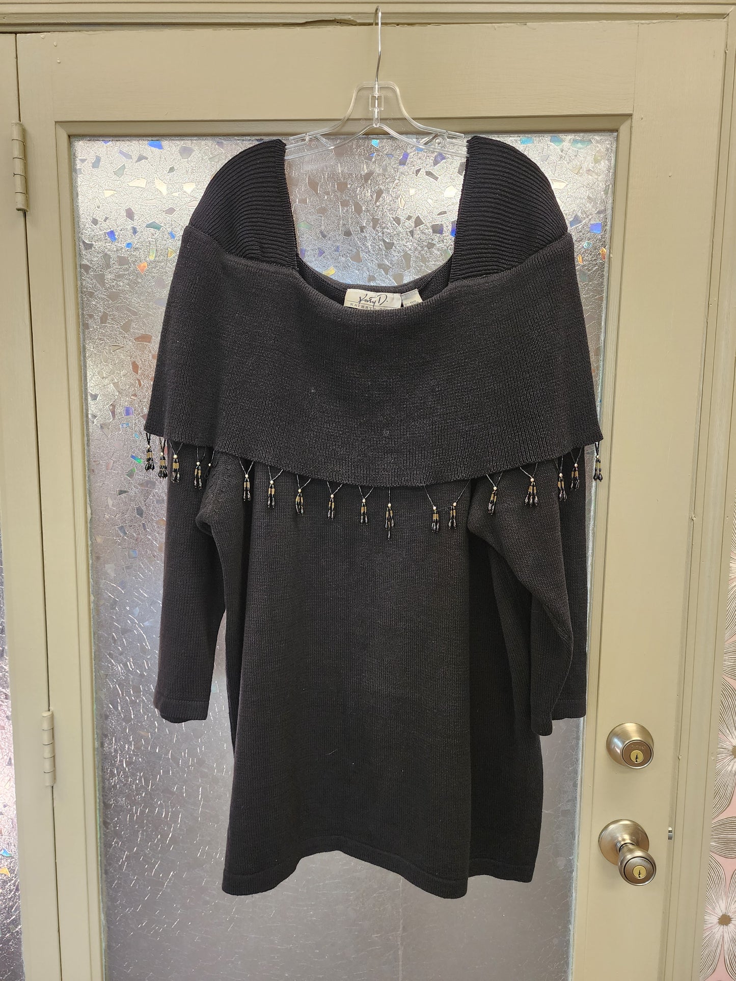 Beaded Off Shoulder Black Sweater Dress
