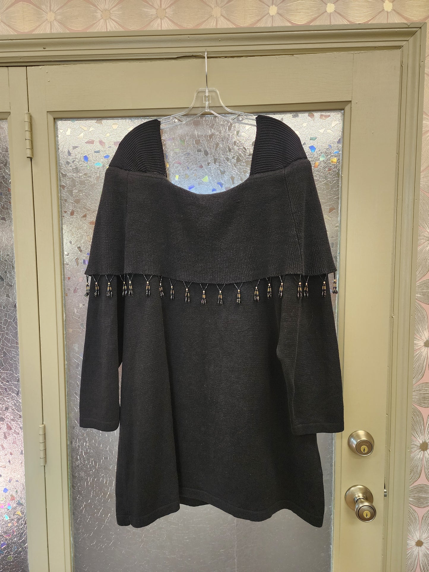 Beaded Off Shoulder Black Sweater Dress