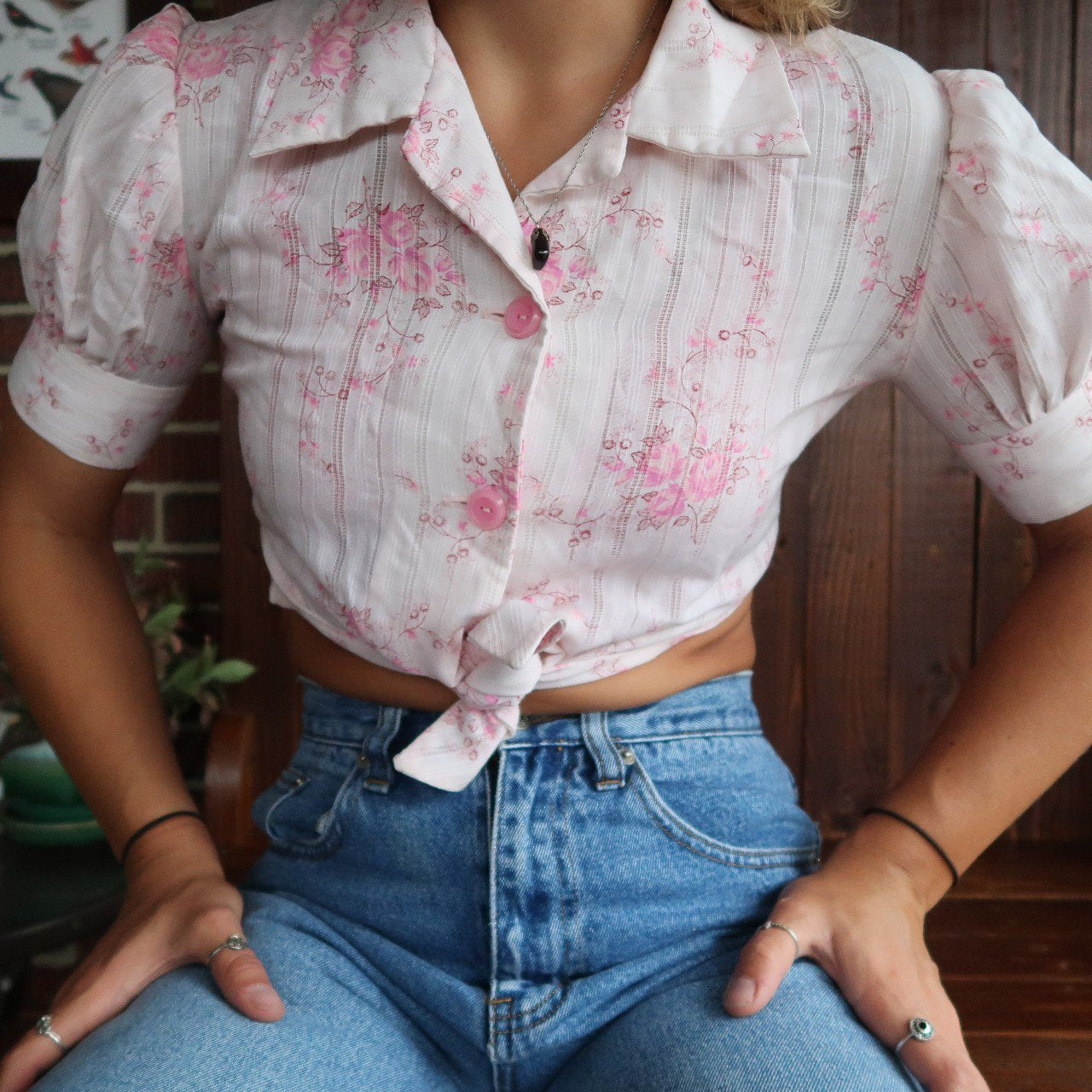 70's style puff sleeve floral crop top